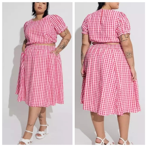 Torrid Midi Seersucker Smocked Skirt Set Pink White Gingham Plaid Size 1X - Picture 2 of 16